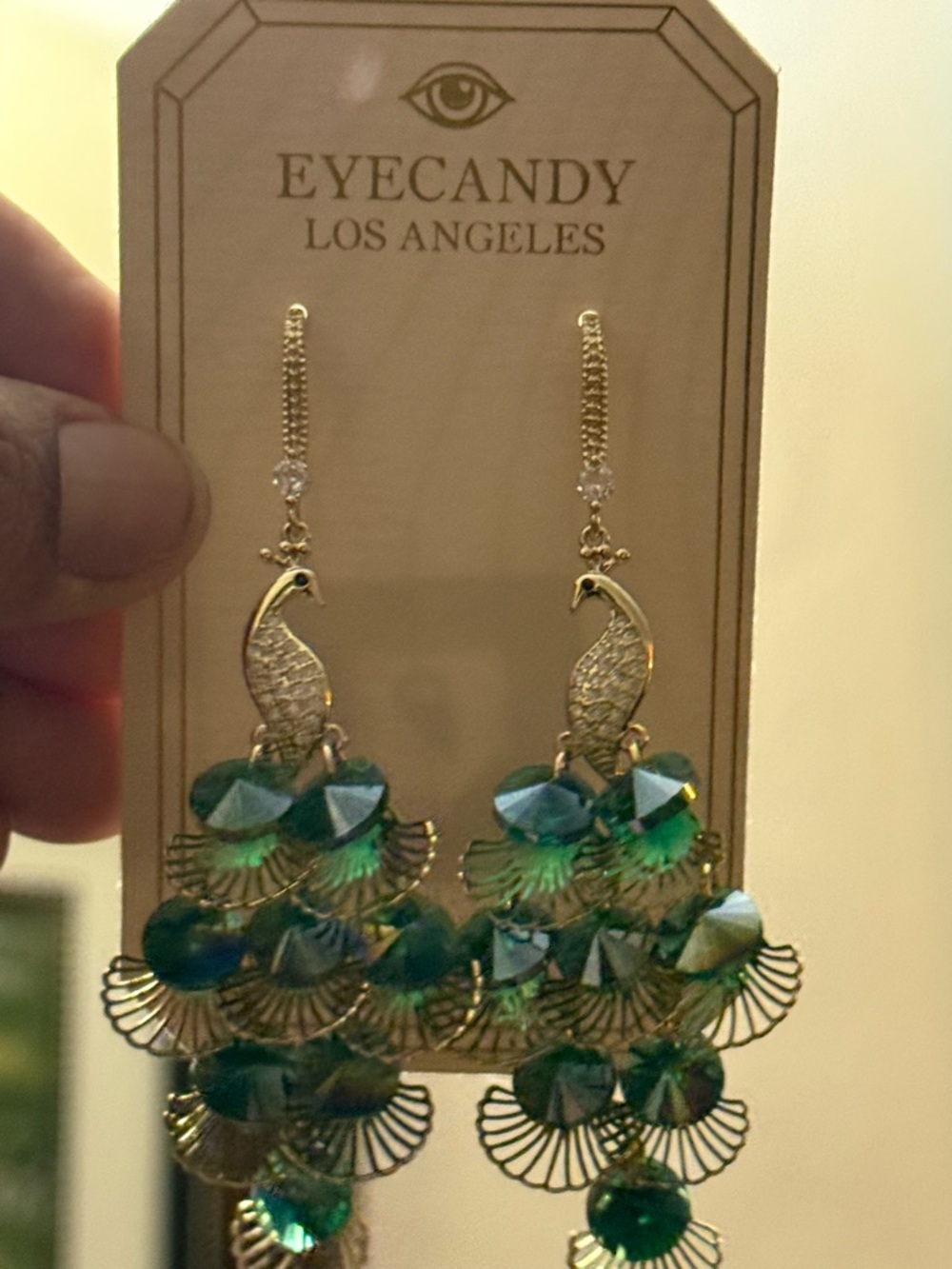 EyeCandy 🦚 Peacock Green Crystal Cluster Drop Earrings - Very Light New